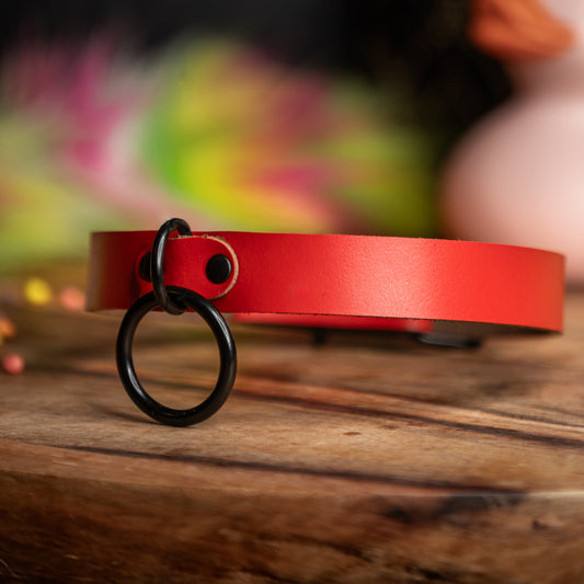 Red Genuine Leather with Black Hardware O-Ring Choker