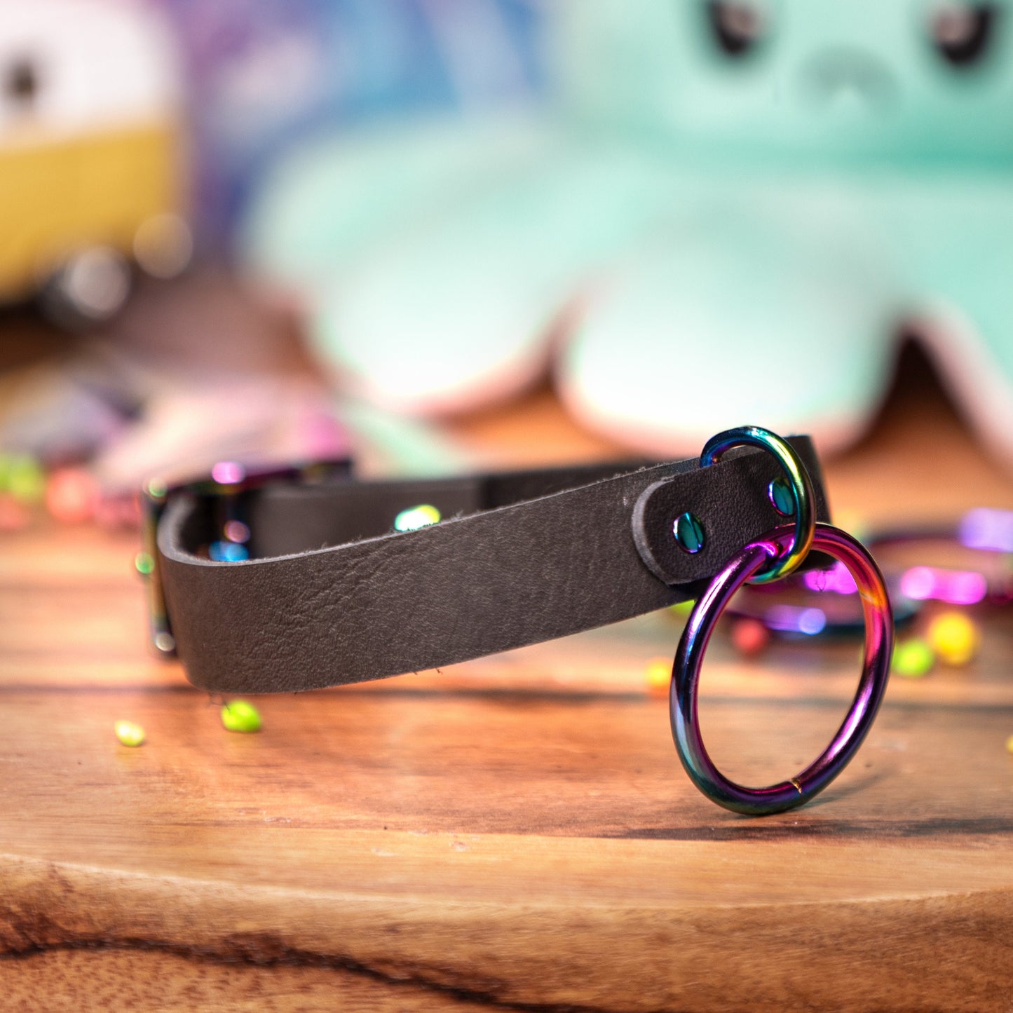Rainbow O-Ring Genuine Leather Choker - Handmade for Raves and Festivals