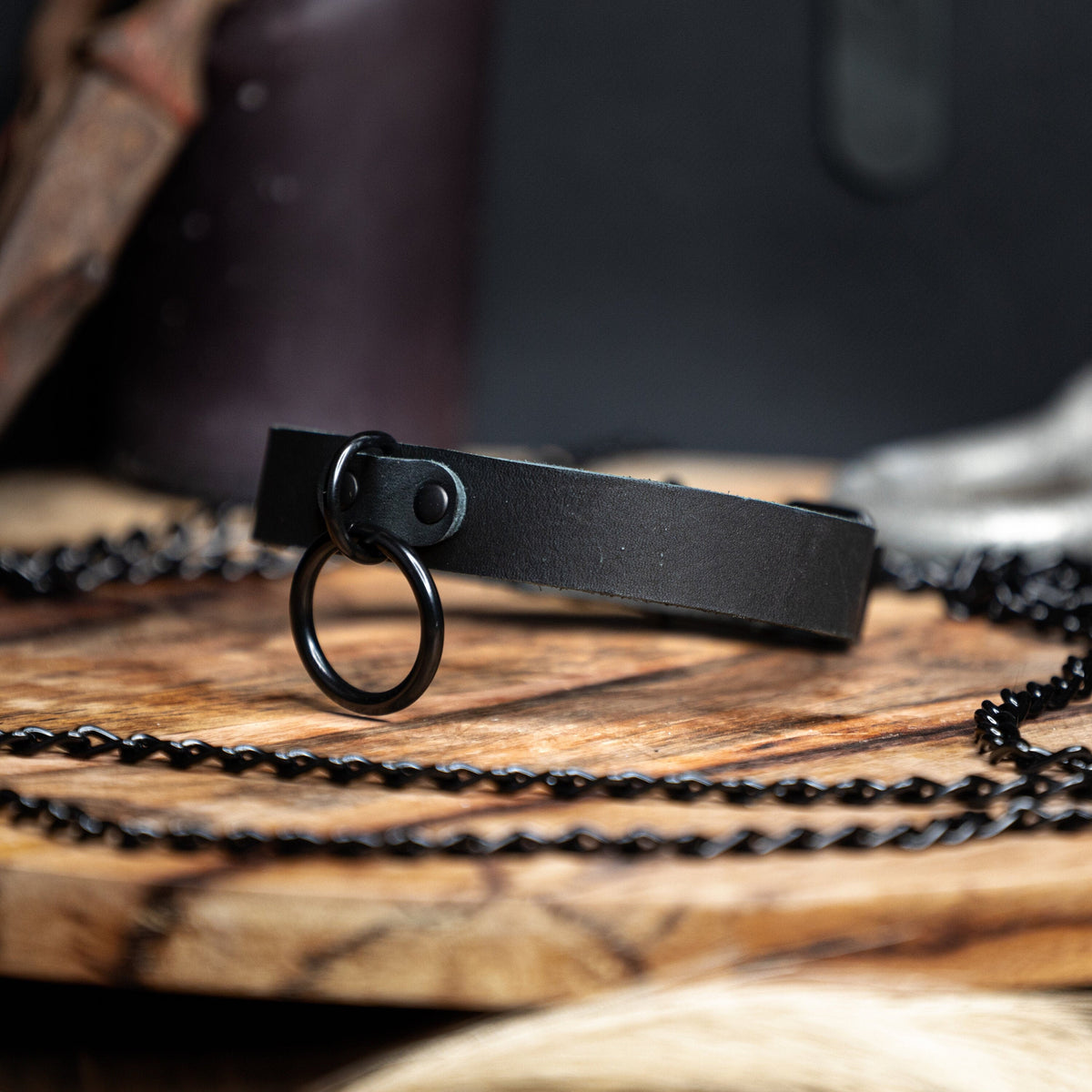Black leather O-ring choker with black hardware by Wandering Chaos