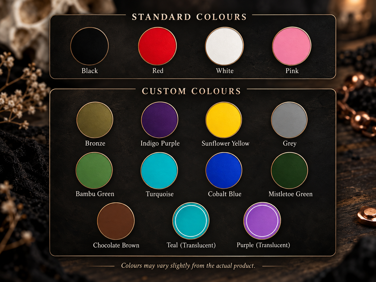 Colour chart with the standard and custom text colours for the text choker pendant