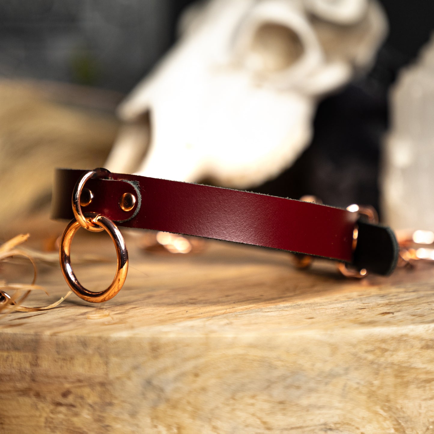Burgundy Red with Rose Gold Genuine Leather Medium O-Ring Choker