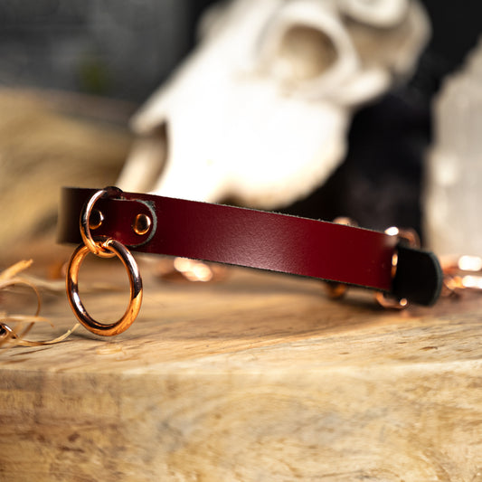 Burgundy Red with Rose Gold Genuine Leather Medium O-Ring Choker