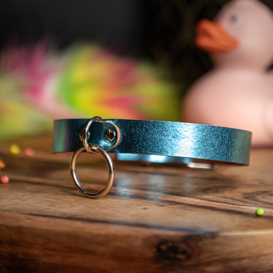 Metallic Blue Genuine Leather with Silver Hardware O-Ring Choker *LIMITED EDITION*