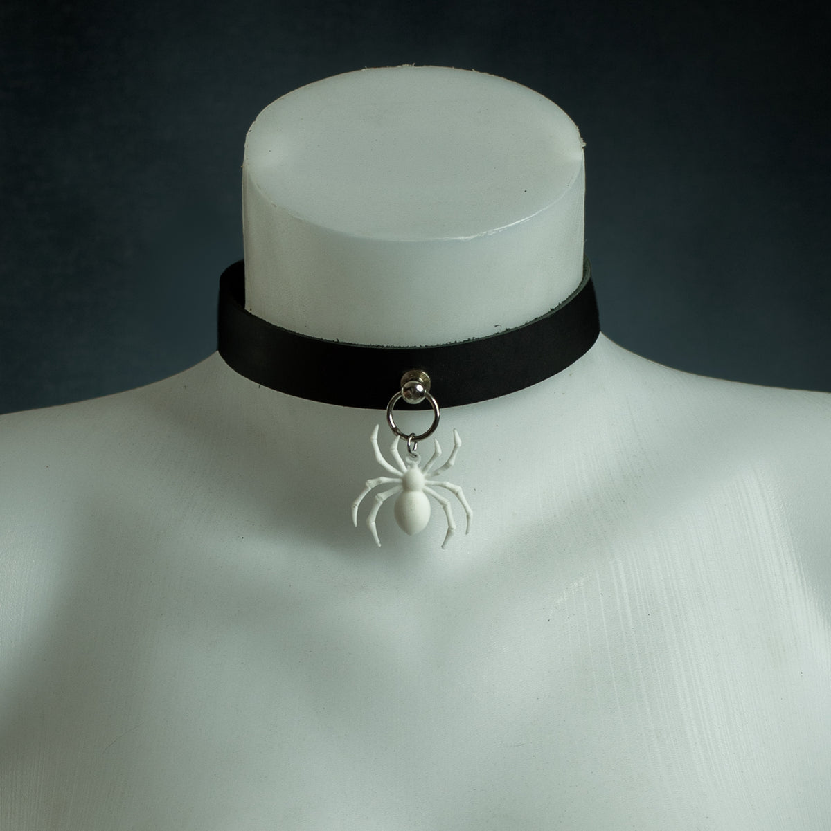 Arachne black leather choker with a white spider pendant on a silver O-ring, Halloween Exclusive by Wandering Chaos