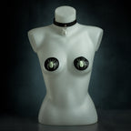 Arachne spider set: black leather choker with a white spider pendant and glow in the dark spider pasties by Wandering Chaos