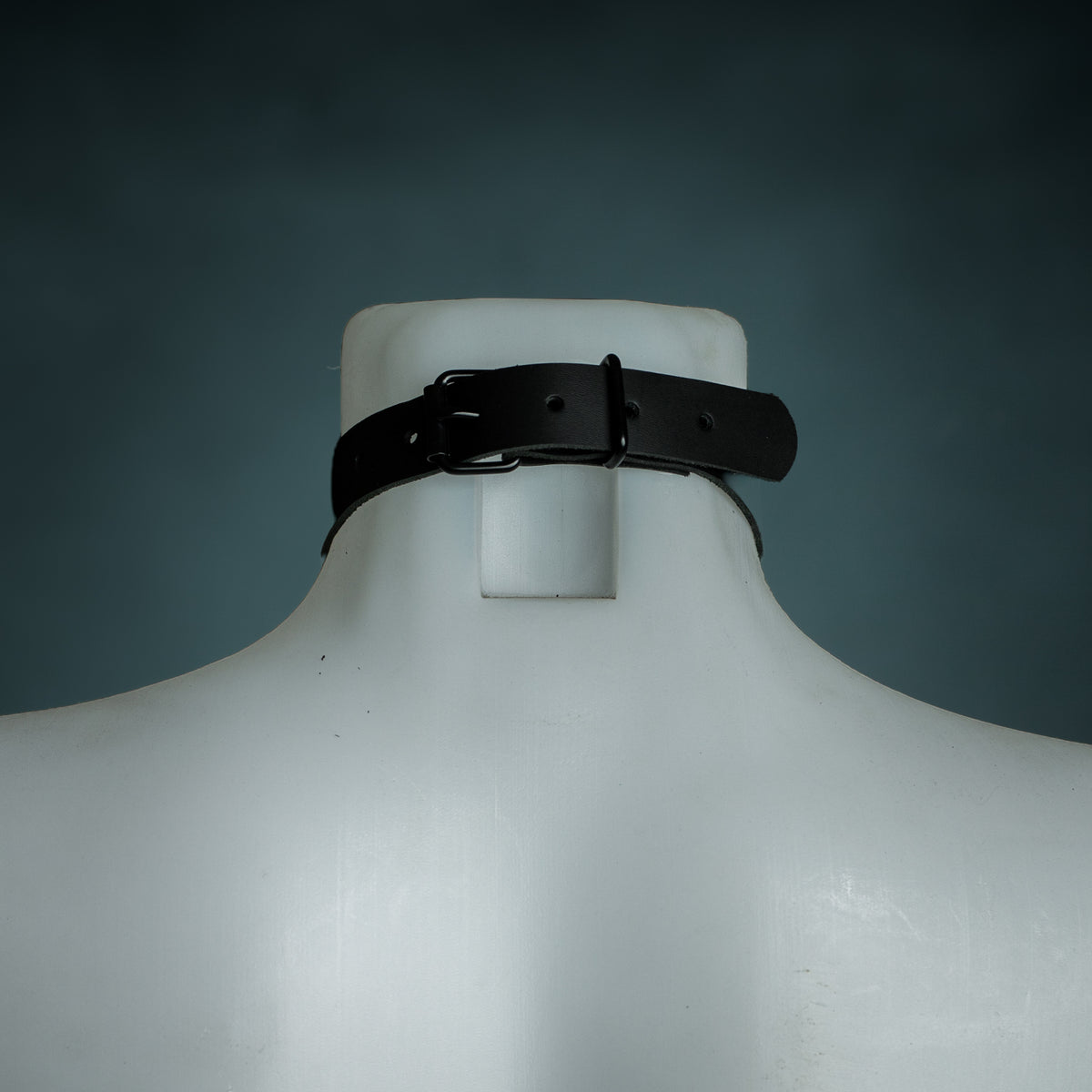 Back view of the black leather O-ring choker showing the black buckle closure and size holes, by Wandering Chaos