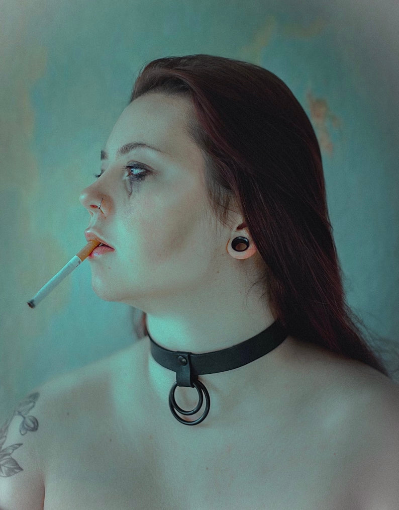 Echt lederen dubbele O-ring choker | Helemaal zwart | Alternatieve accessoires