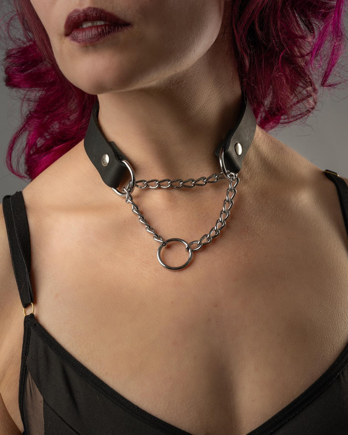 Persephone black leather chain choker with silver hardware by Wandering Chaos