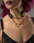 Persephone black leather chain choker with gold hardware by Wandering Chaos