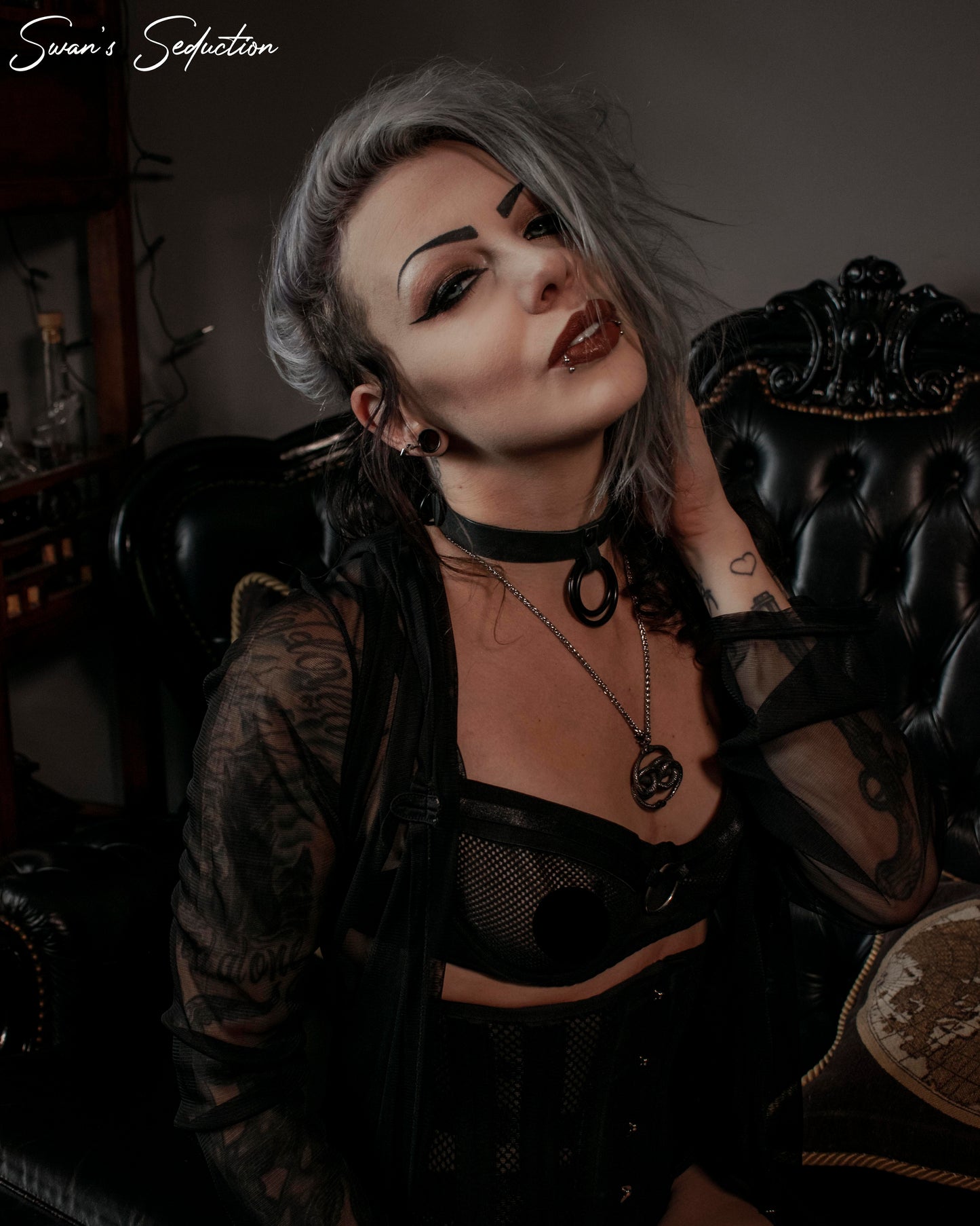 Echt lederen dubbele O-ring choker | Helemaal zwart | Alternatieve accessoires