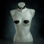 Vesper bat set: black leather bat wing choker with black O-ring and black leather bat pasties by Wandering Chaos