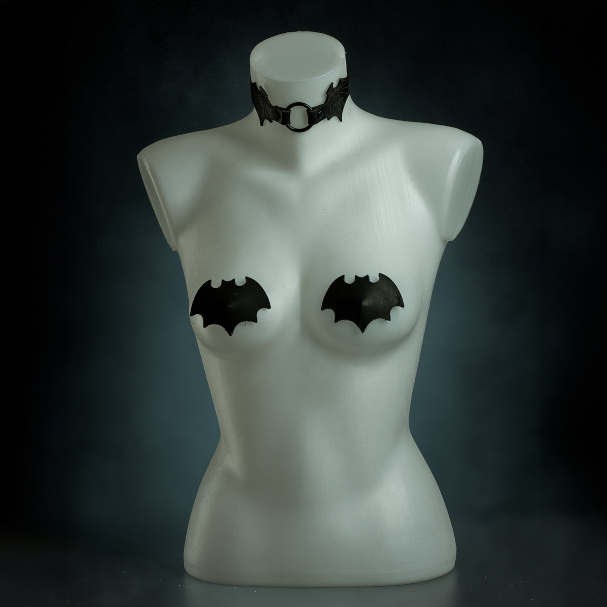 Vesper bat set: black leather bat wing choker with black O-ring and black leather bat pasties by Wandering Chaos
