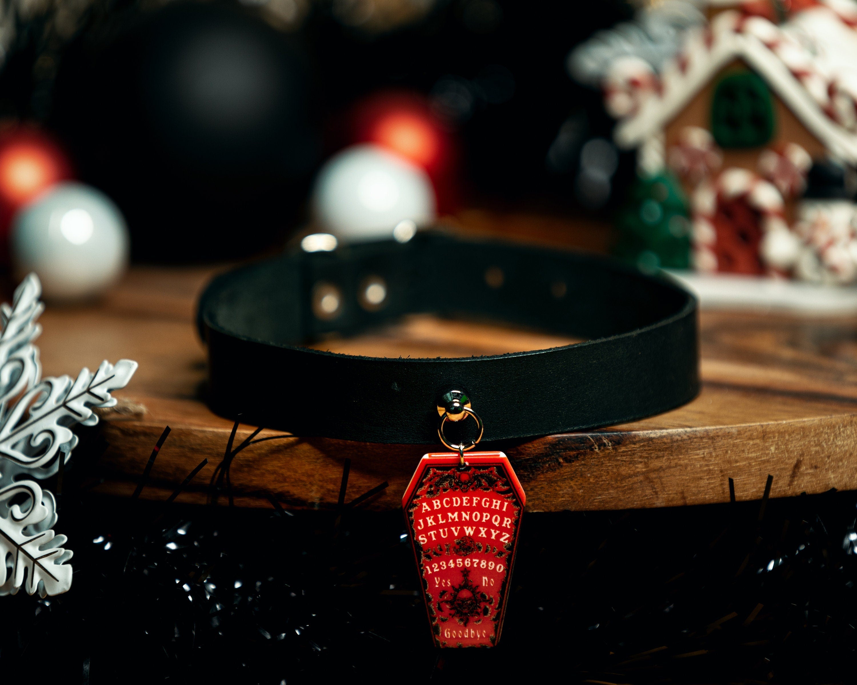 Handmade Genuine Leather Choker with Red Coffin Pendant - Perfect for Halloween Enthusiasts