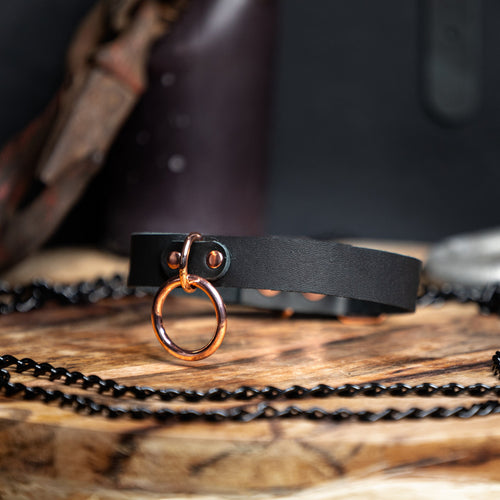 Black leather O-ring choker with rose gold hardware by Wandering Chaos