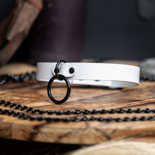 White Genuine Leather with Black Hardware O-Ring Choker